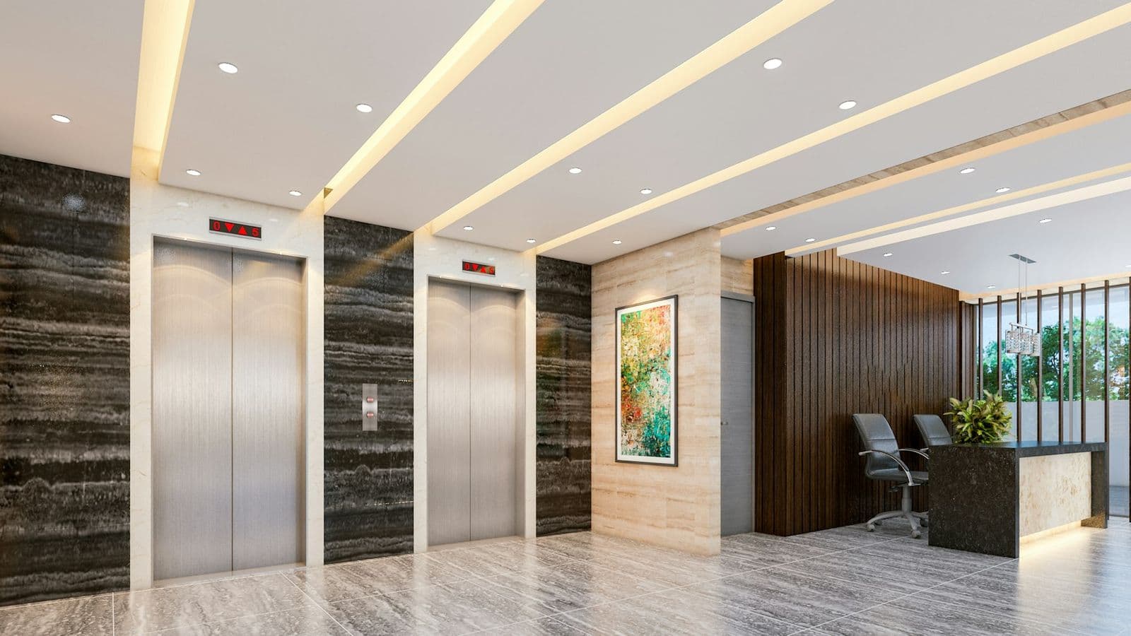 Modern building lobby with elevators and a reception desk